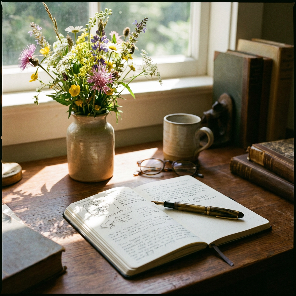 An open notebook with handwriting and a fountain pen on a sunlit wooden desk.