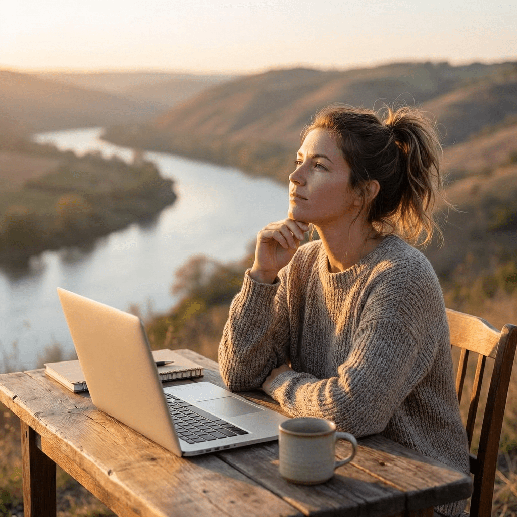 Current image: A woman sits at an outdoor table with a laptop, looking at a river valley.