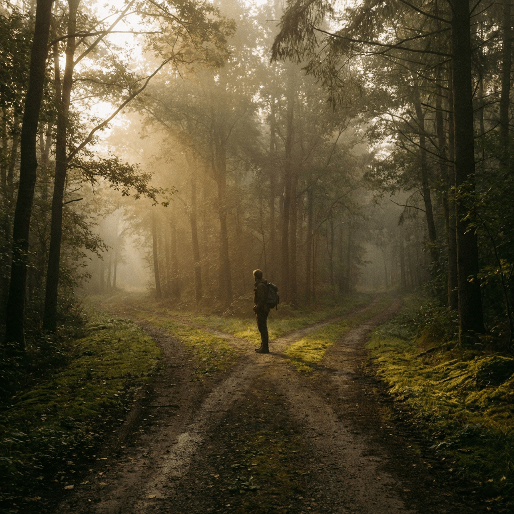 A hiker standing at a fork in a sun-dappled, misty forest path.