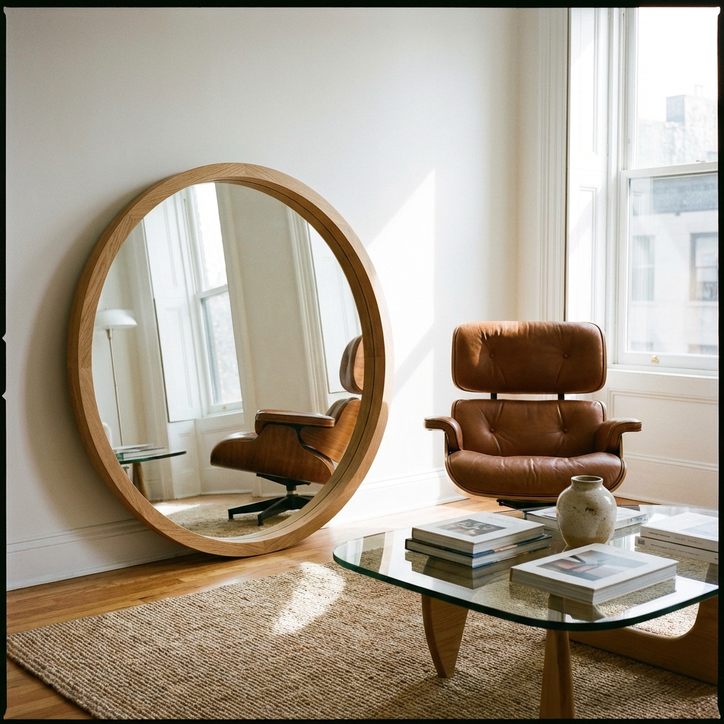 Large round mirror leaning against a white wall next to a brown leather lounge chair.