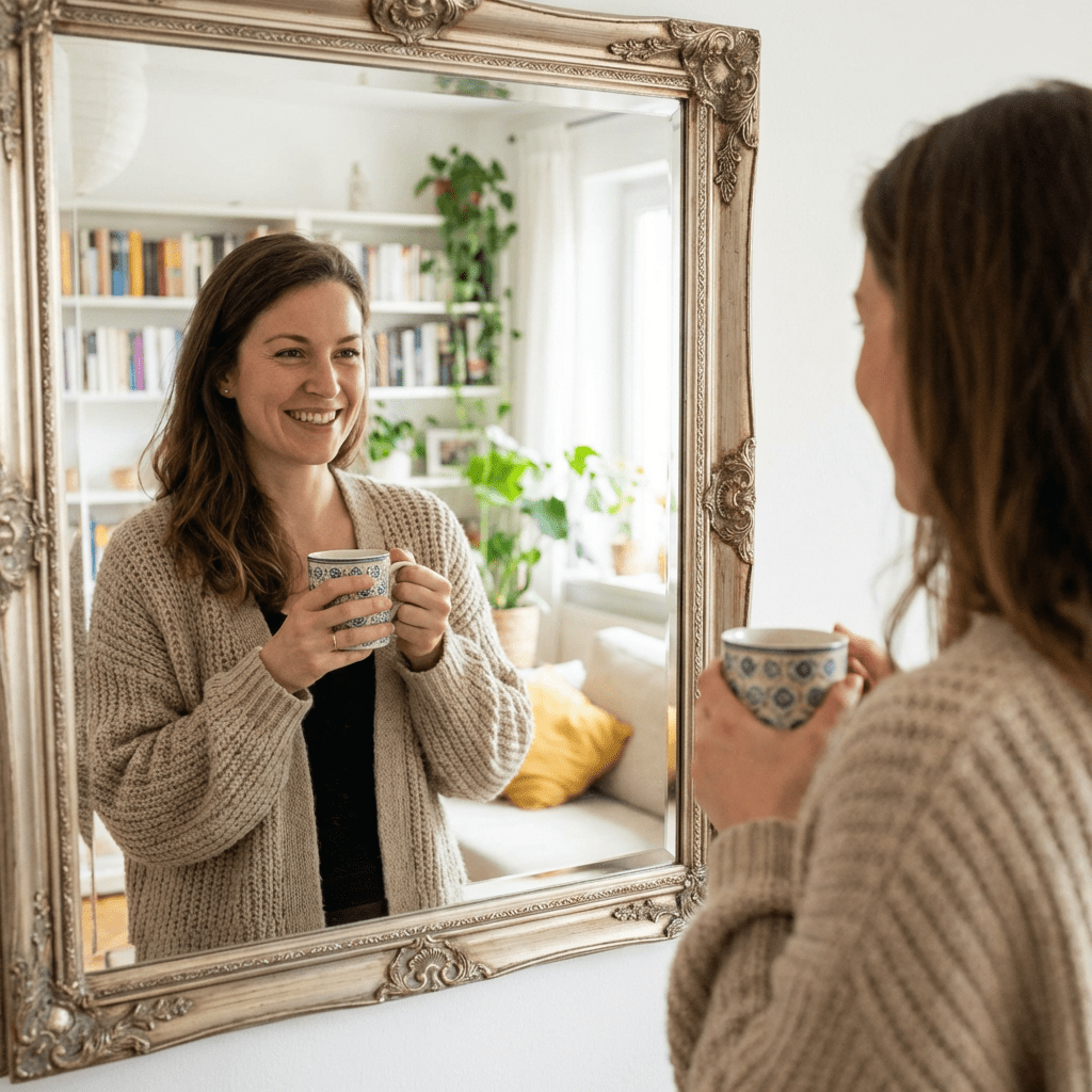 Current image: Woman smiling at her reflection in an ornate mirror while holding a patterned mug.
